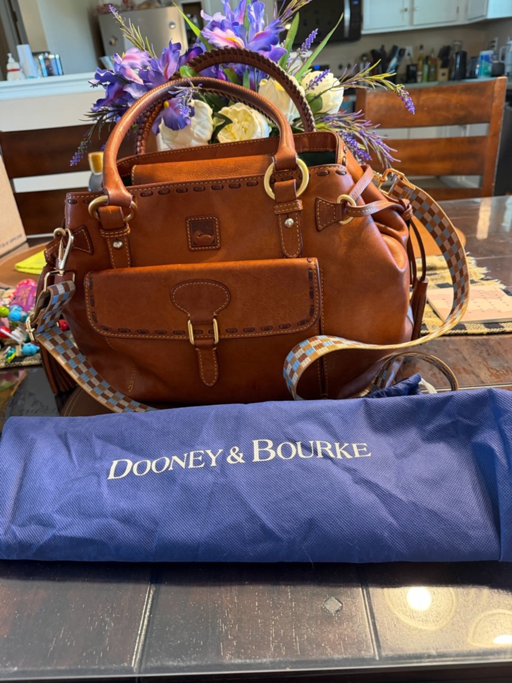 Dooney & Bourke Florentine Cognac Brown Leather Satchel with Check Strap